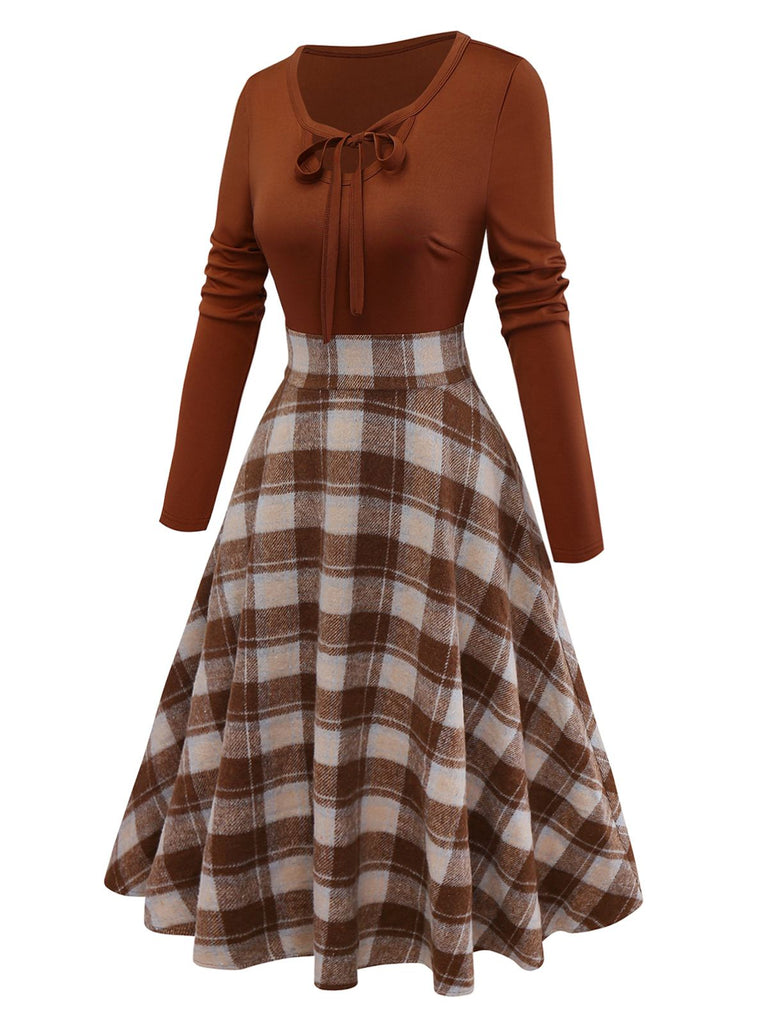 [Vorverkauf] Braun 1950er Krawattenhals Stricken Plaid Kleid