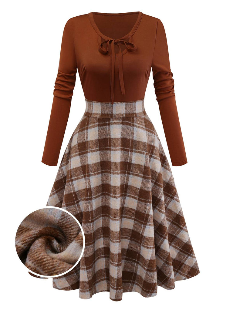 [Vorverkauf] Braun 1950er Krawattenhals Stricken Plaid Kleid