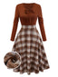 [Vorverkauf] Braun 1950er Krawattenhals Stricken Plaid Kleid