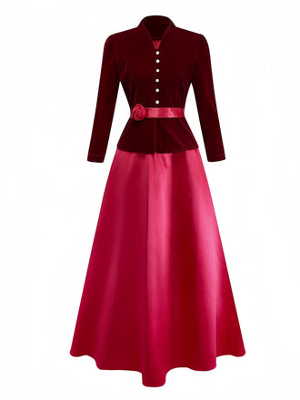 2PCS Weinrot 1940er V-Ausschnitt Samt Jacke & Rock