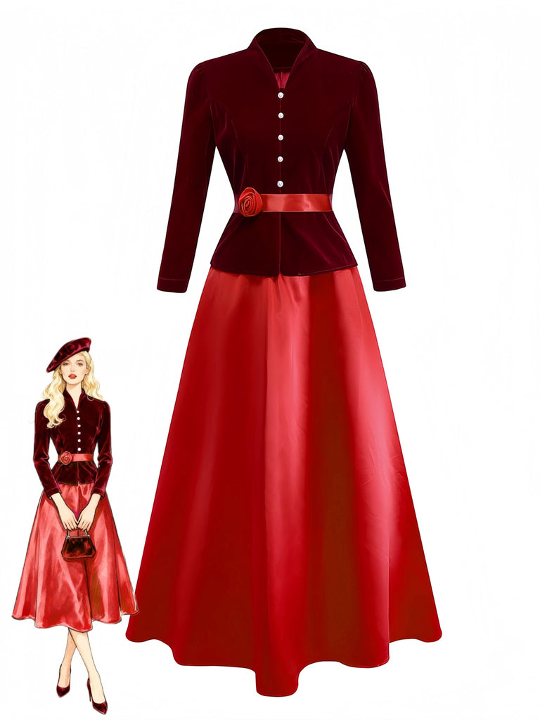 2PCS Weinrot 1940er V-Ausschnitt Samt Jacke & Rock