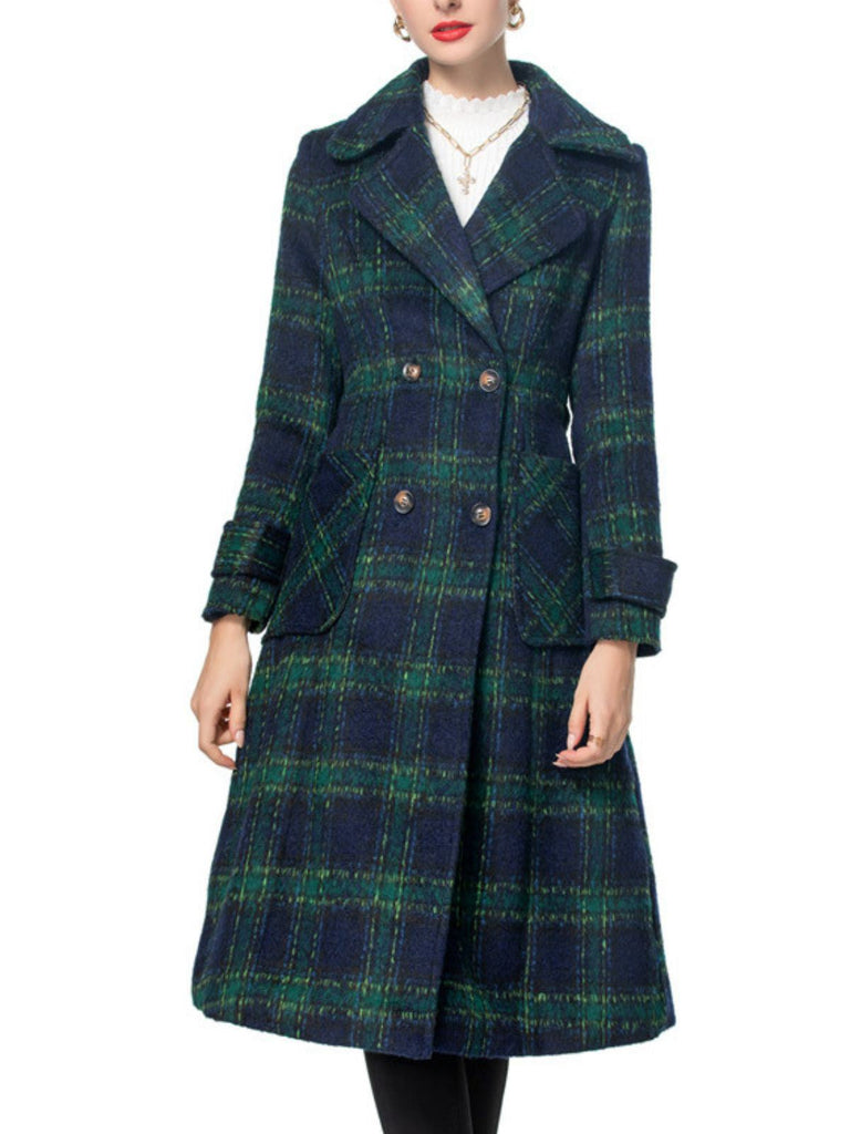 Grün 1940er Gekerbter Kragen Blackwatch Plaid Lang Mantel