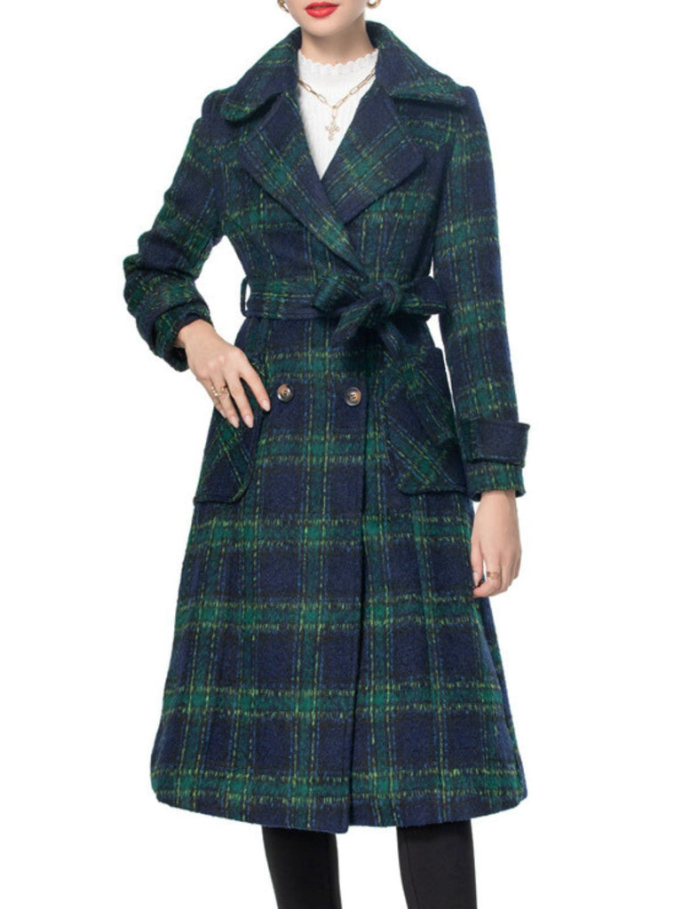 Grün 1940er Gekerbter Kragen Blackwatch Plaid Lang Mantel