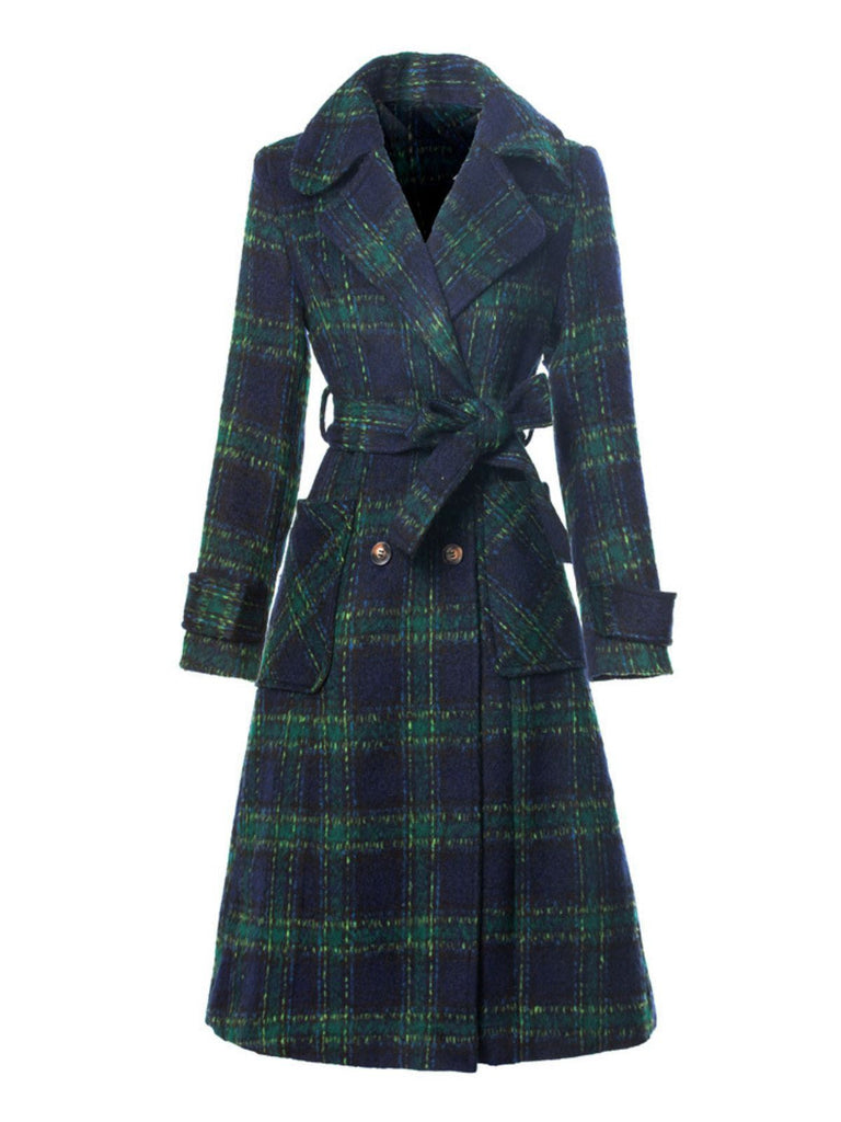 Grün 1940er Gekerbter Kragen Blackwatch Plaid Lang Mantel