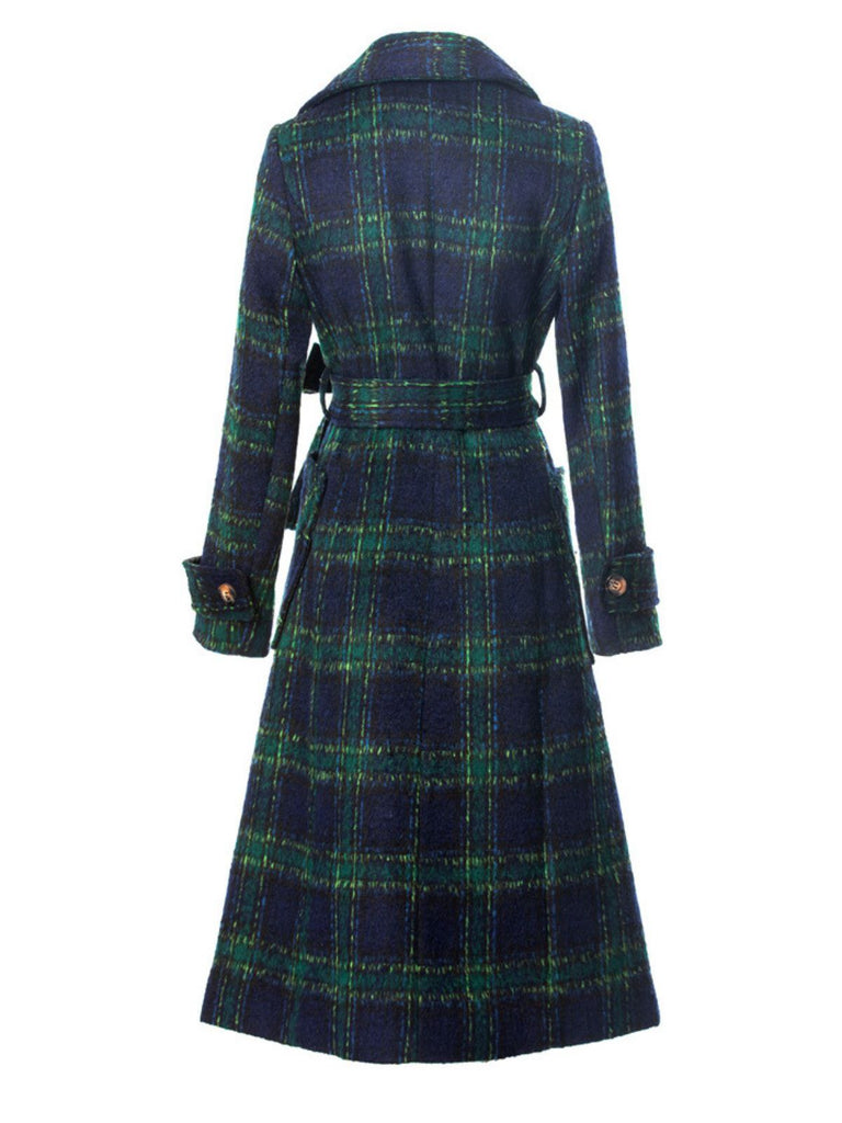 Grün 1940er Gekerbter Kragen Blackwatch Plaid Lang Mantel