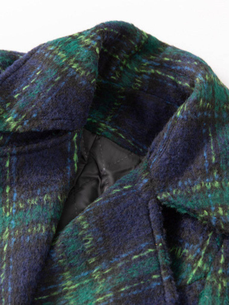 Grün 1940er Gekerbter Kragen Blackwatch Plaid Lang Mantel