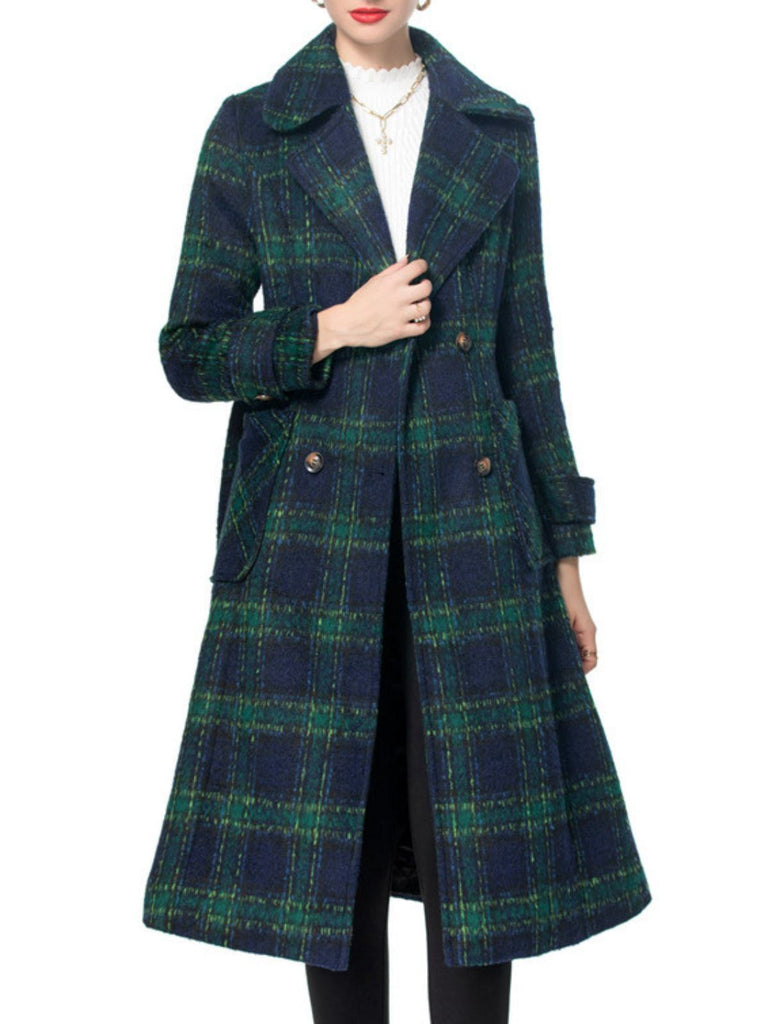 Grün 1940er Gekerbter Kragen Blackwatch Plaid Lang Mantel
