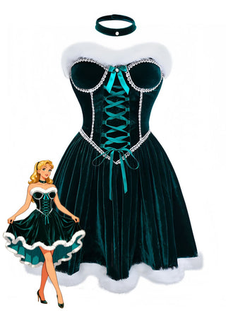 Grün 1960er Samt Trägerloses Schnürung Mini Kleid