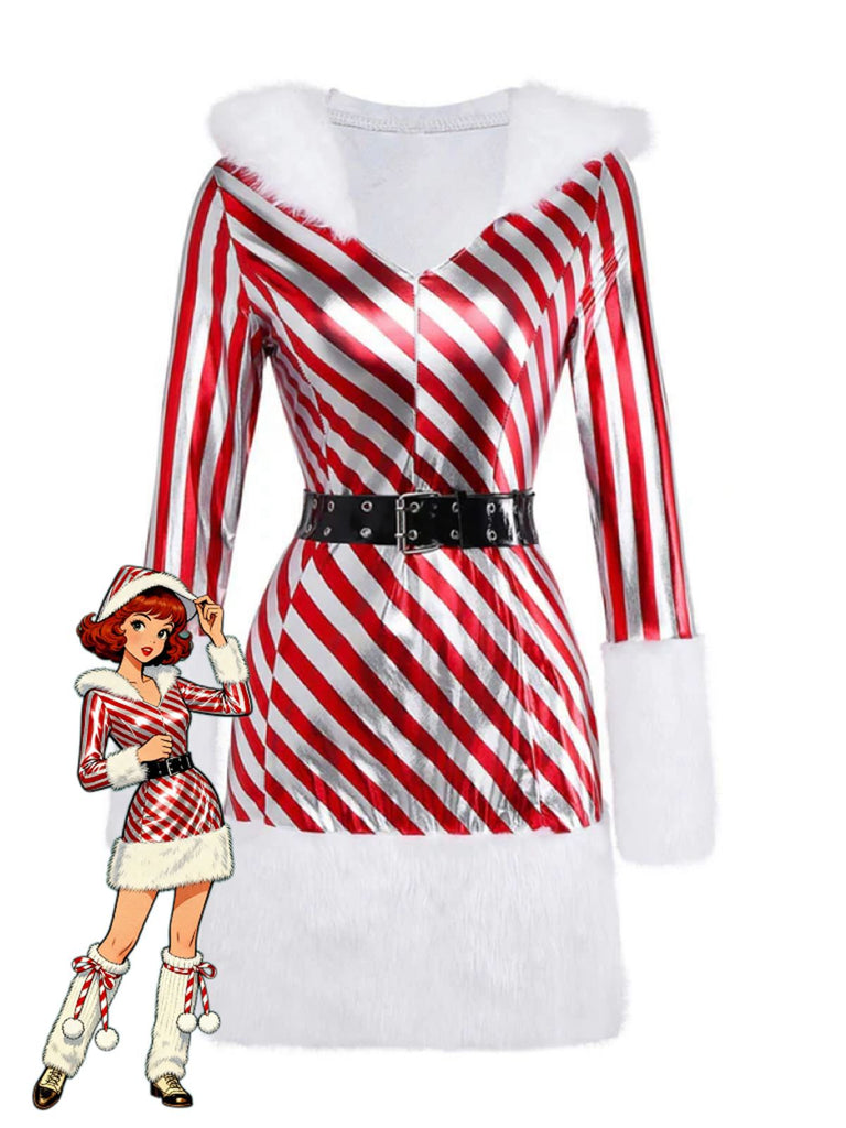 Rot 1960er Zuckerstange Streifen Kapuze Kleid & Beinwärmer