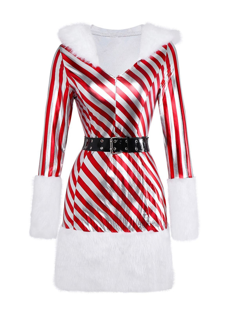 Rot 1960er Zuckerstange Streifen Kapuze Kleid & Beinwärmer