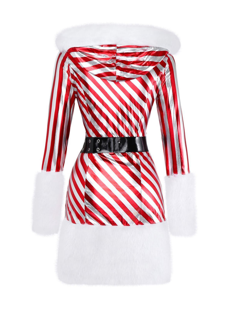 Rot 1960er Zuckerstange Streifen Kapuze Kleid & Beinwärmer