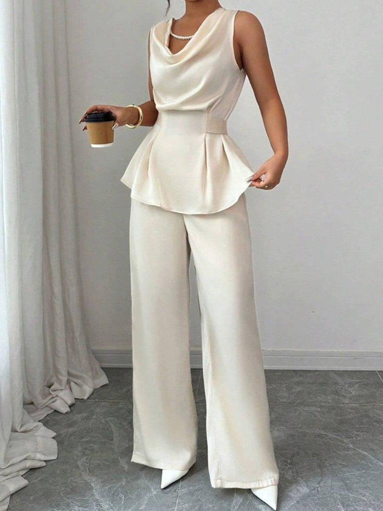 2PCS Beige 1950er Solide Ärmellos Rollkragen Top & Hosen