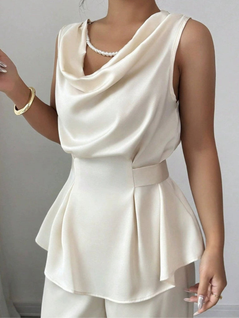 2PCS Beige 1950er Solide Ärmellos Rollkragen Top & Hosen