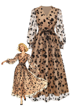 Beige 1930er Beflockt Blumen Netz V-Ausschnitt Kleid
