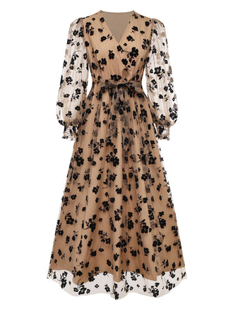 Beige 1930er Beflockt Blumen Netz V-Ausschnitt Kleid