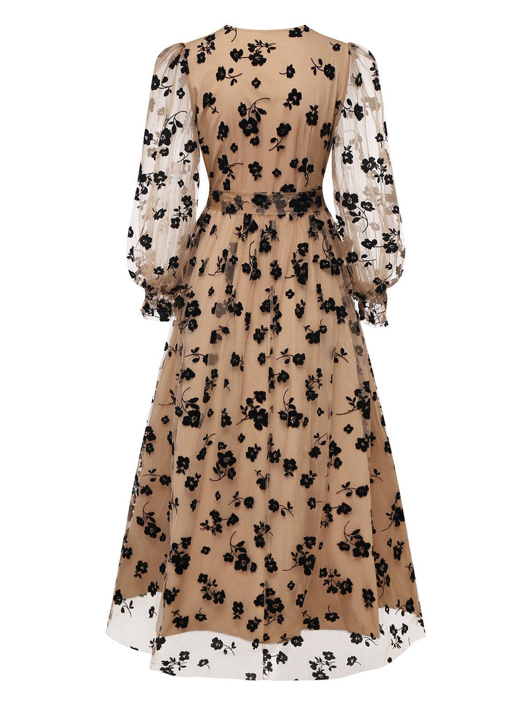 Beige 1930er Beflockt Blumen Netz V-Ausschnitt Kleid