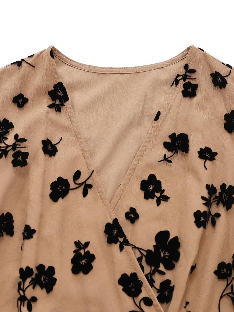 Beige 1930er Beflockt Blumen Netz V-Ausschnitt Kleid