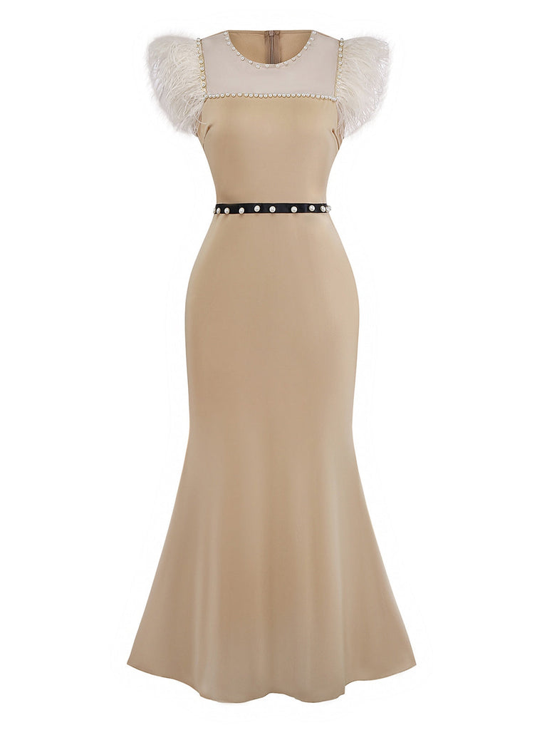 Beige 1930er Perlenbesetzt & Feder Patchwork Meerjungfrauen Kleid