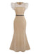 Beige 1930er Perlenbesetzt & Feder Patchwork Meerjungfrauen Kleid