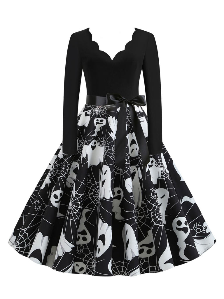 1950er Halloween Kürbis Spinnennetz Blütenblatthals Kleid