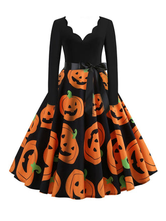 1950er Halloween Kürbis Spinnennetz Blütenblatthals Kleid