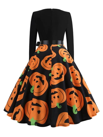 1950er Halloween Kürbis Spinnennetz Blütenblatthals Kleid