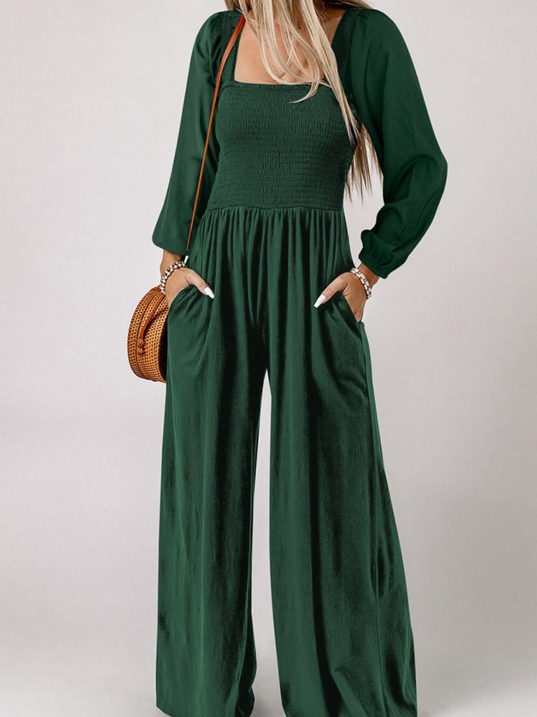 1950er Solide Quadratischer Hals Gesmokt Lang Jumpsuit