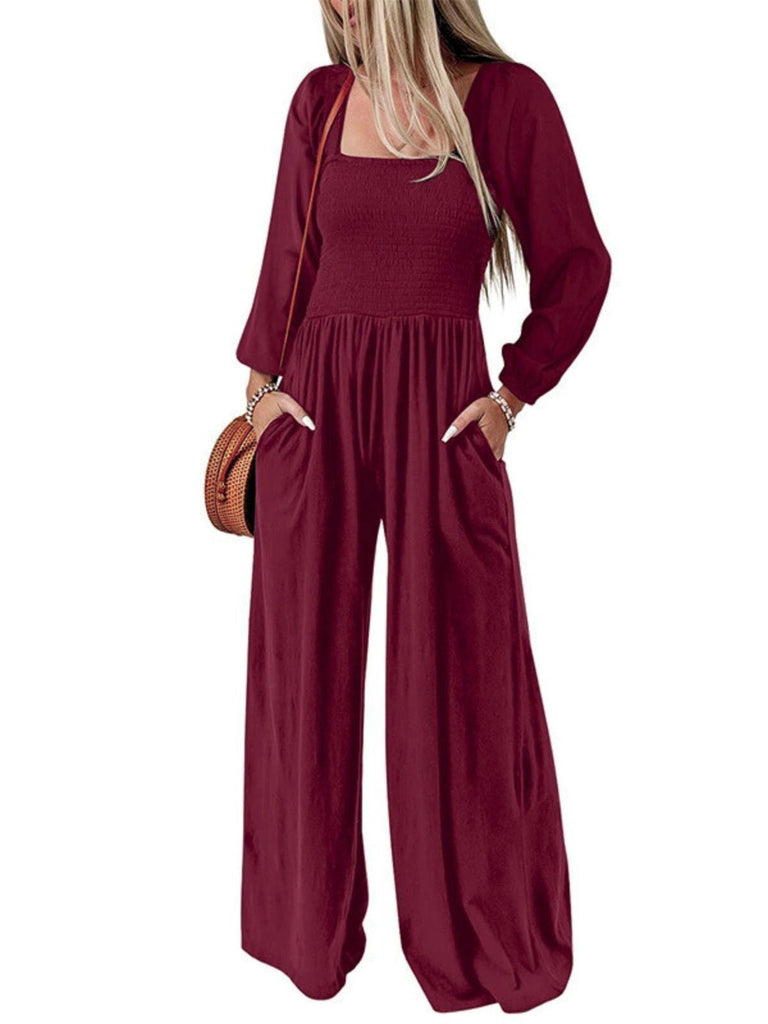 1950er Solide Quadratischer Hals Gesmokt Lang Jumpsuit
