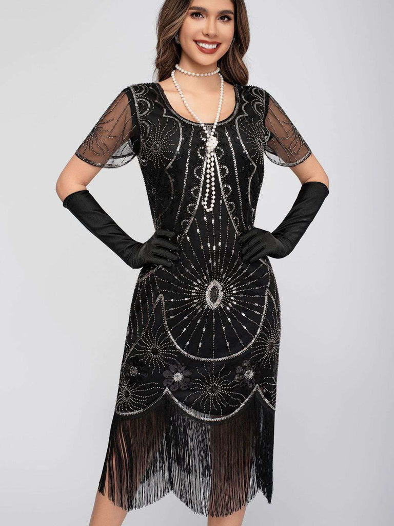 1920er Rundhalsausschnitt Paillette Franse Klappe Kleid