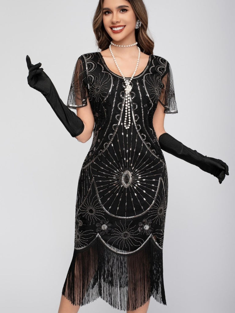 1920er Rundhalsausschnitt Paillette Franse Klappe Kleid