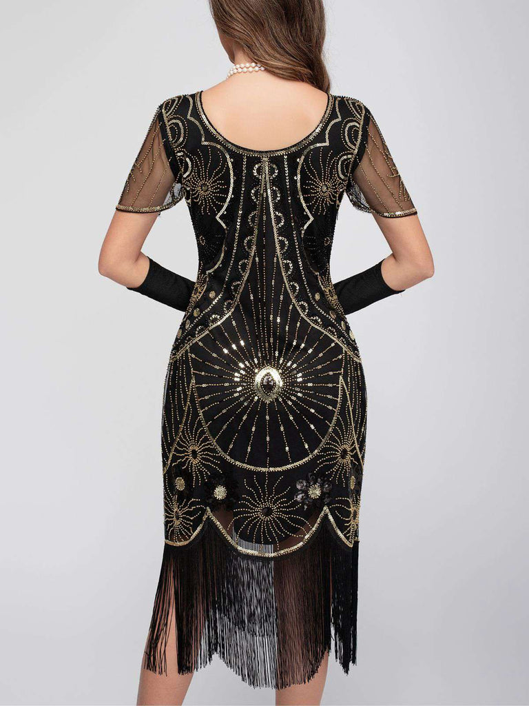 1920er Rundhalsausschnitt Paillette Franse Klappe Kleid