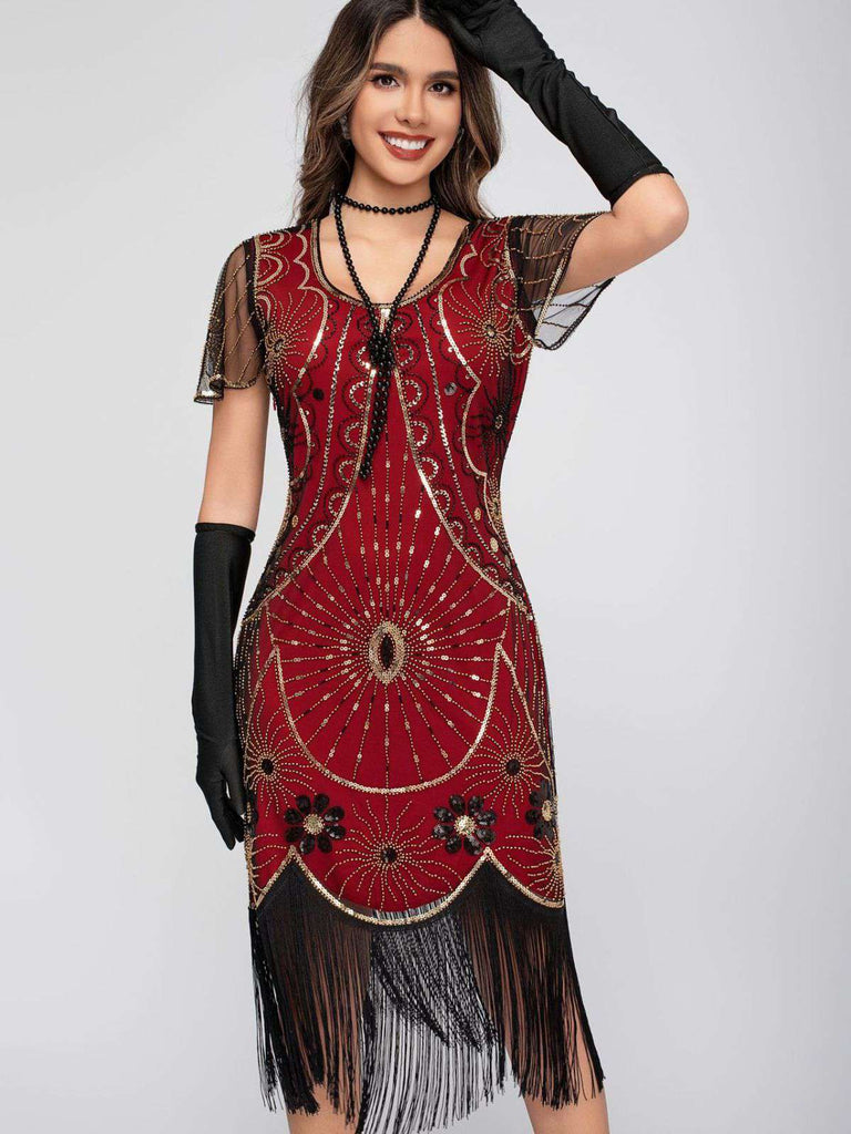 1920er Rundhalsausschnitt Paillette Franse Klappe Kleid