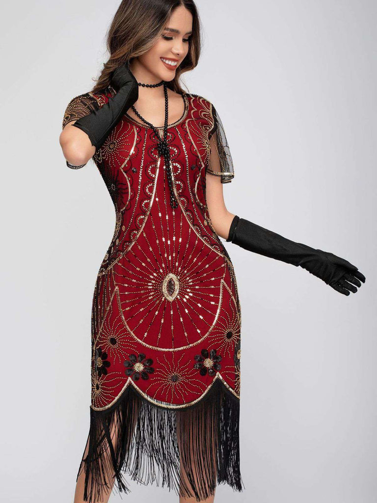 1920er Rundhalsausschnitt Paillette Franse Klappe Kleid