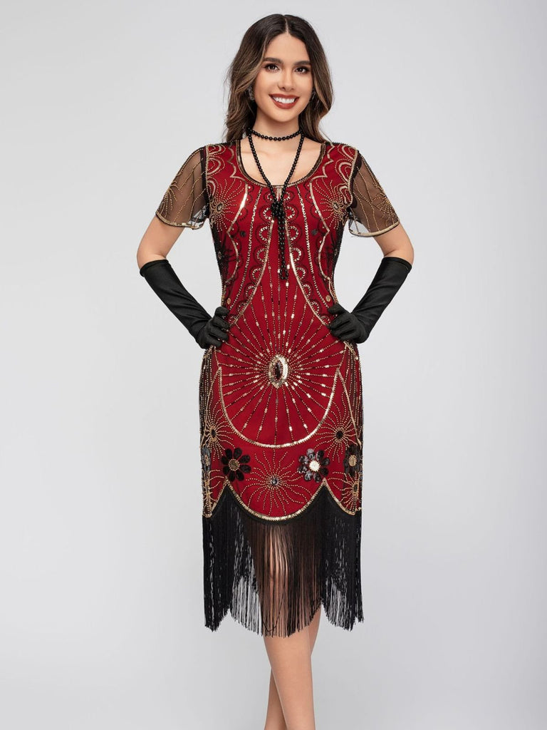 1920er Rundhalsausschnitt Paillette Franse Klappe Kleid