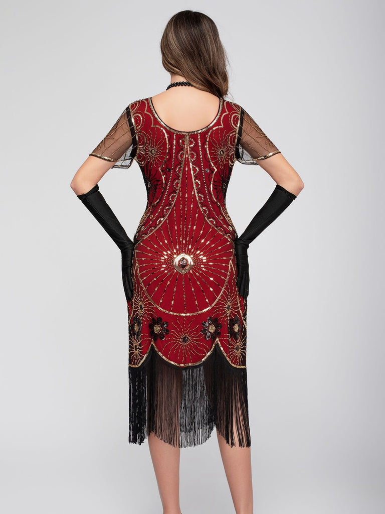 1920er Rundhalsausschnitt Paillette Franse Klappe Kleid