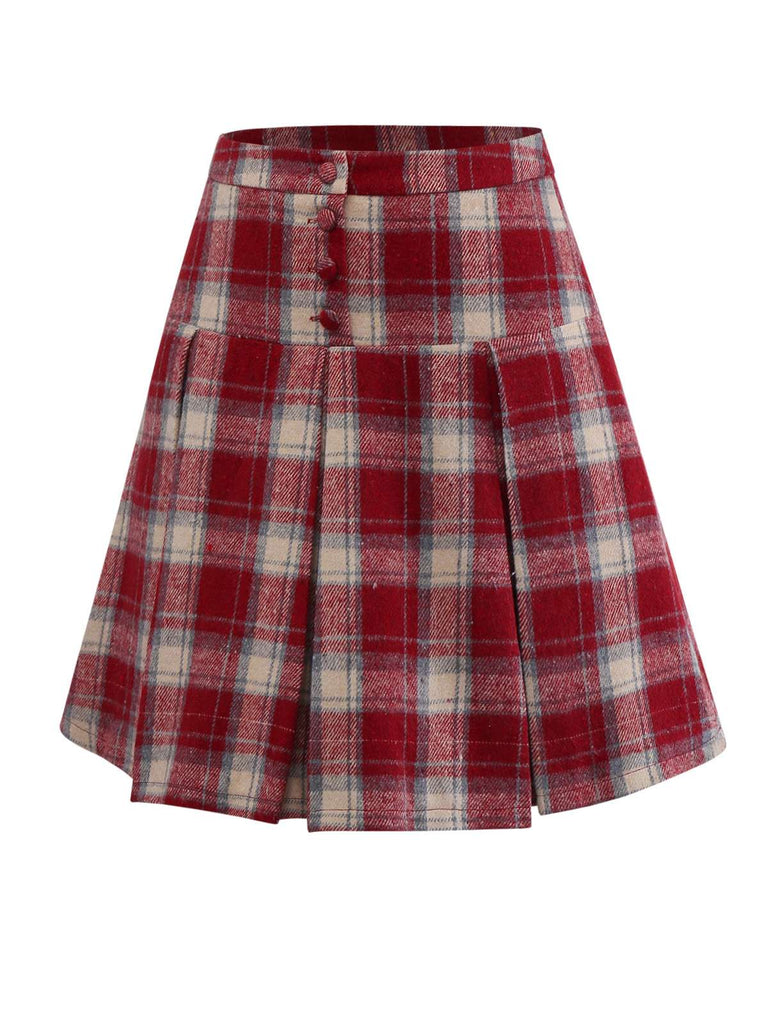 [Vorverkauf] Rot 1960er Faux-Wolle Plaid Tasten Plissiertes Rock