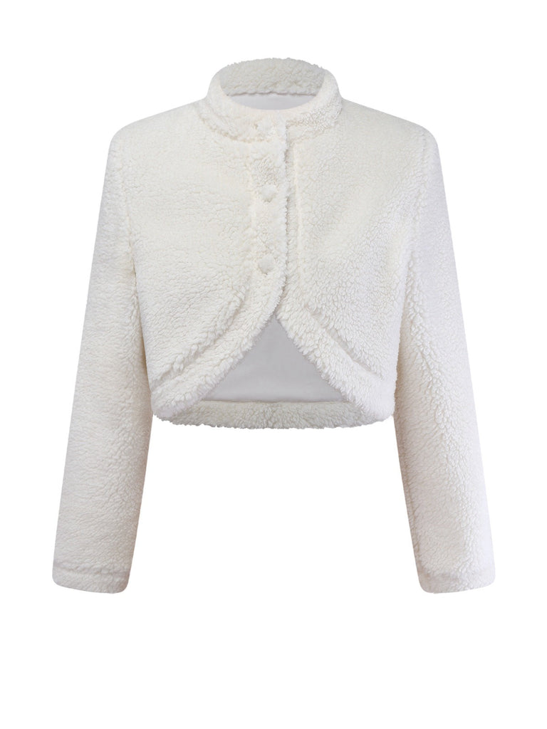 [Vorverkauf] Weiß 1960er Faux-Wolle Stehkragen Jacke