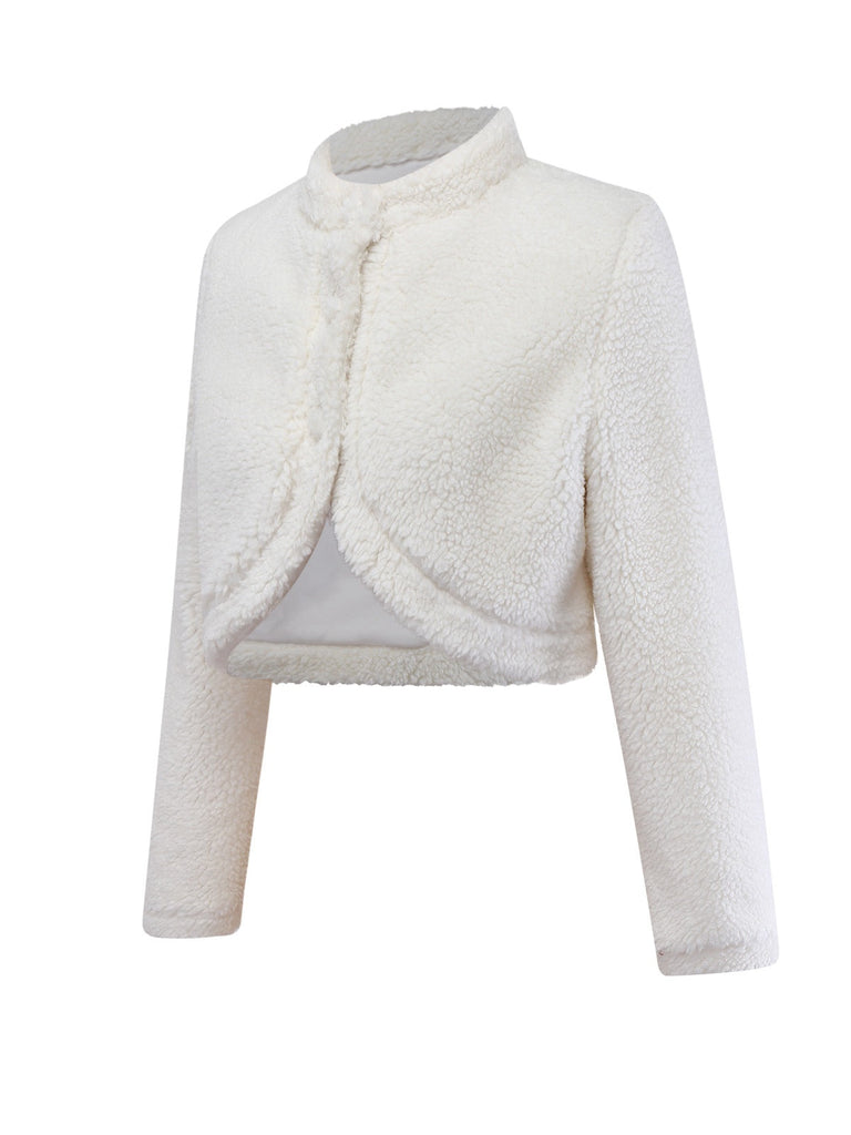 [Vorverkauf] Weiß 1960er Faux-Wolle Stehkragen Jacke