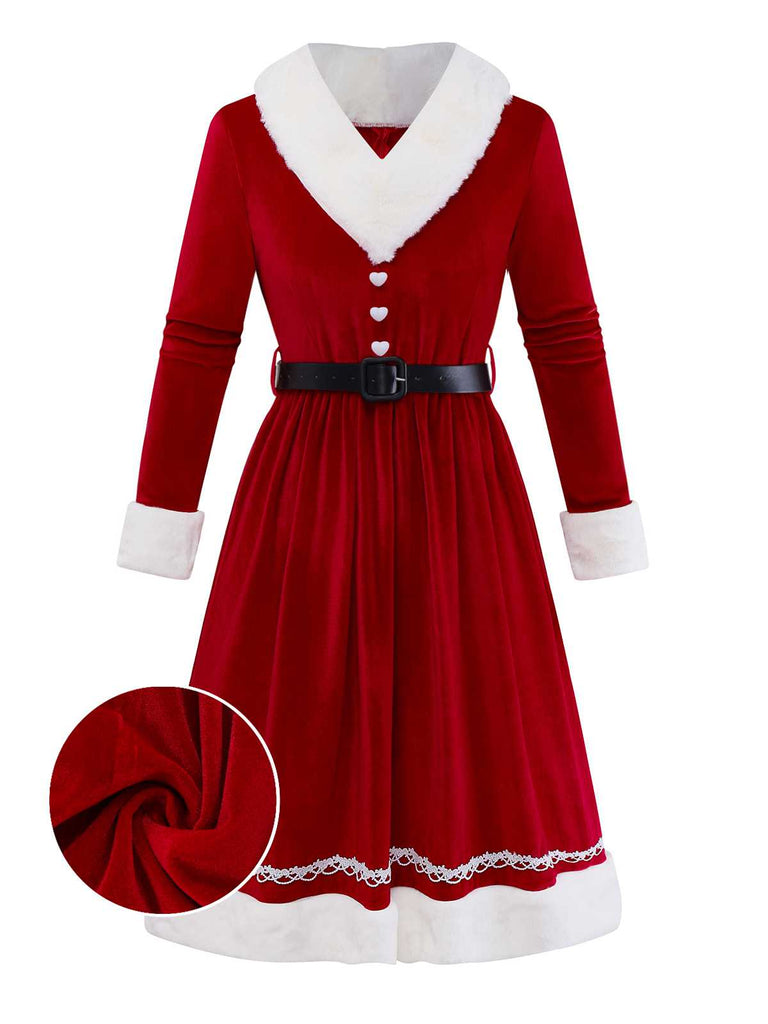 [Vorverkauf] 1950er V-Ausschnitt Plüsch Weihnachten Samt Gürtel Kleid