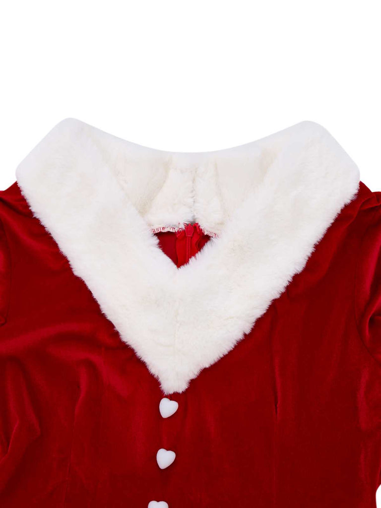 [Vorverkauf] 1950er V-Ausschnitt Plüsch Weihnachten Samt Gürtel Kleid