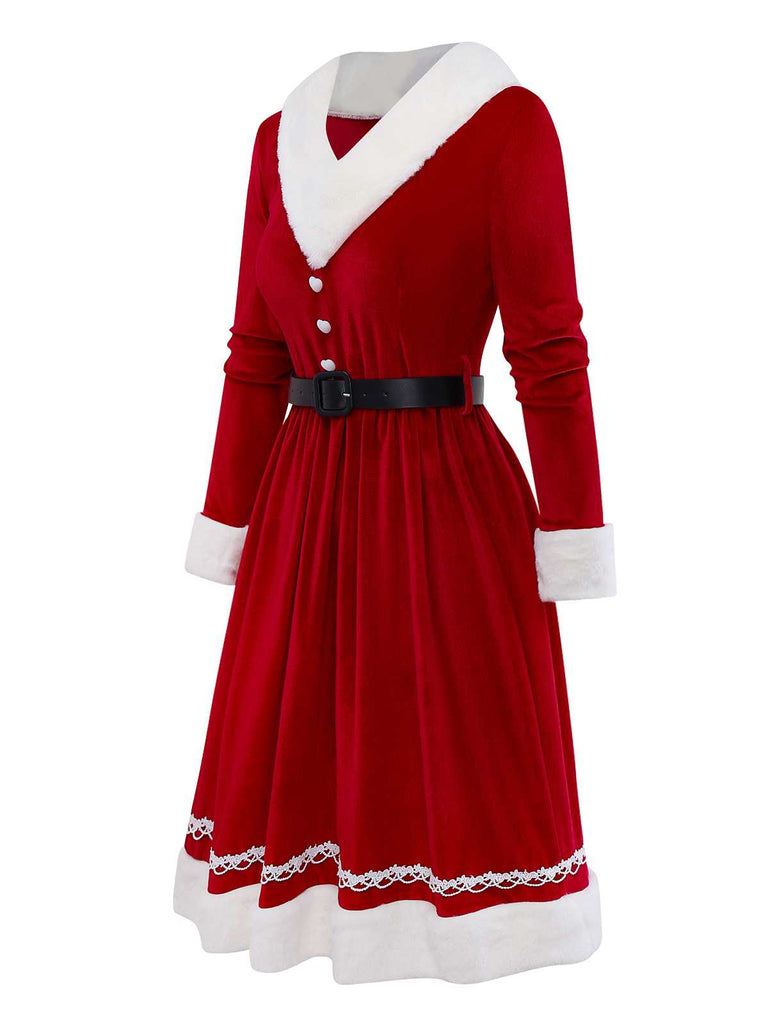 [Vorverkauf] 1950er V-Ausschnitt Plüsch Weihnachten Samt Gürtel Kleid