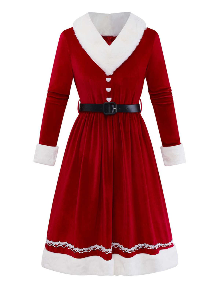 [Vorverkauf] 1950er V-Ausschnitt Plüsch Weihnachten Samt Gürtel Kleid