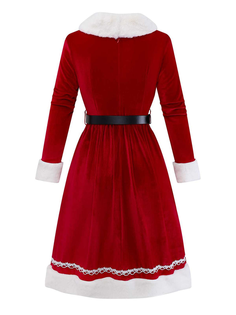 [Vorverkauf] 1950er V-Ausschnitt Plüsch Weihnachten Samt Gürtel Kleid