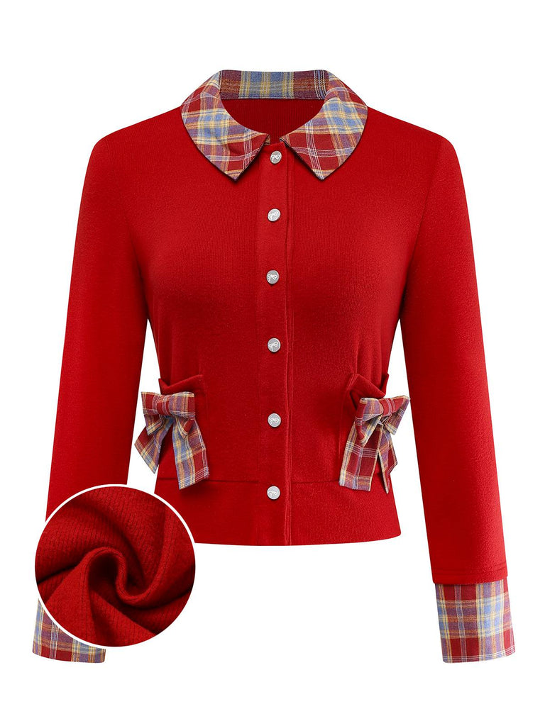 [Vorverkauf] Rot 1970er Tartan Plaid Bogen Stricken Strickjacke