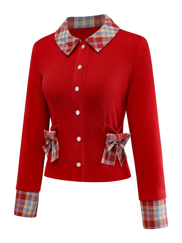 [Vorverkauf] Rot 1970er Tartan Plaid Bogen Stricken Strickjacke