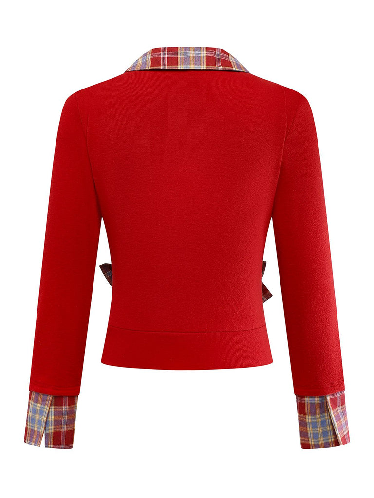 [Vorverkauf] Rot 1970er Tartan Plaid Bogen Stricken Strickjacke