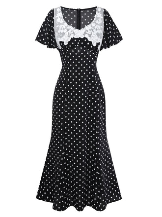 [Vorverkauf] Schwarz 1930er Spitze Patchwork Polka Dot Kleid