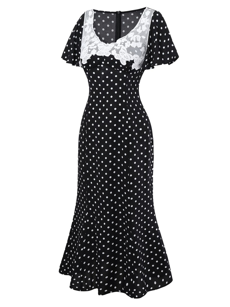 [Vorverkauf] Schwarz 1930er Spitze Patchwork Polka Dot Kleid