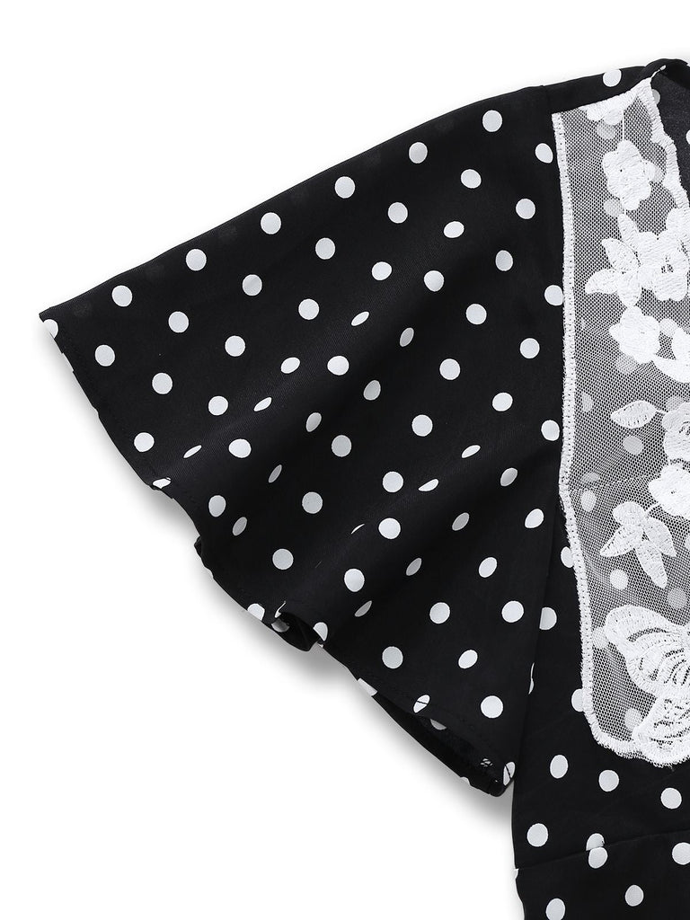 [Vorverkauf] Schwarz 1930er Spitze Patchwork Polka Dot Kleid