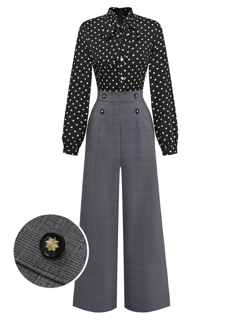 [Vorverkauf] Schwarz 1950er Polka Dot Patchwork Krawattenhals Jumpsuit